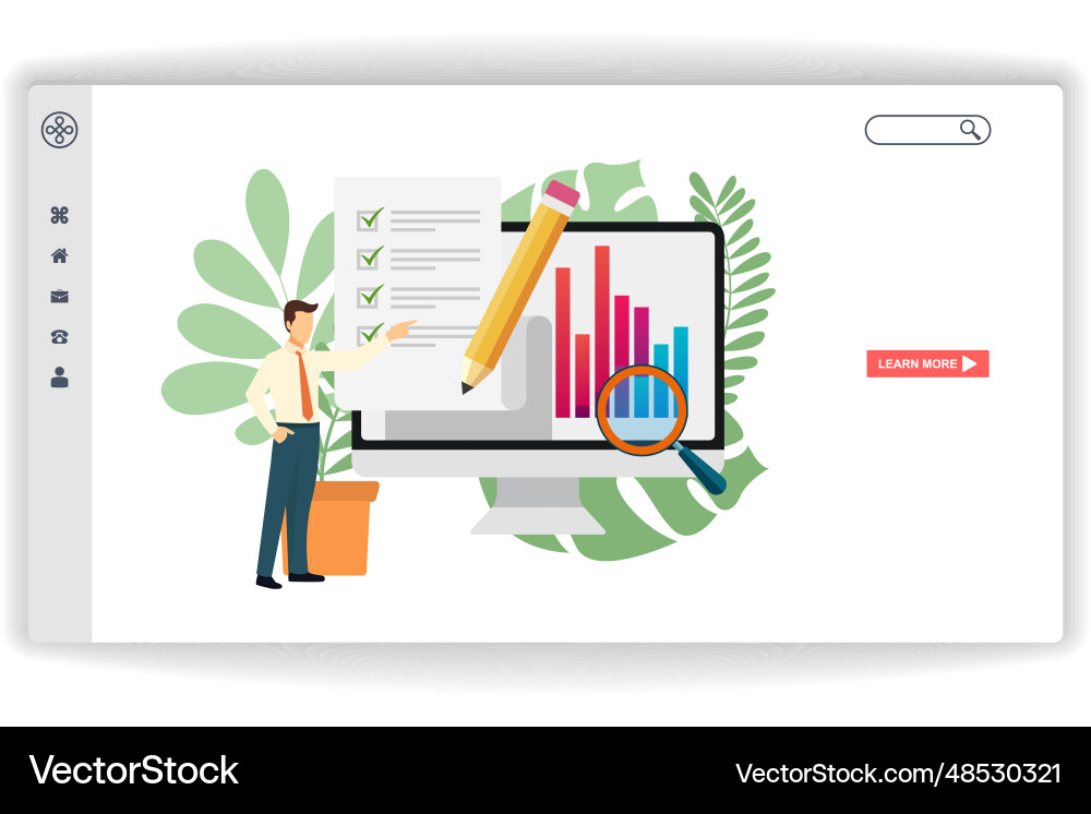 A man stood pointing at the document website page Vector Image