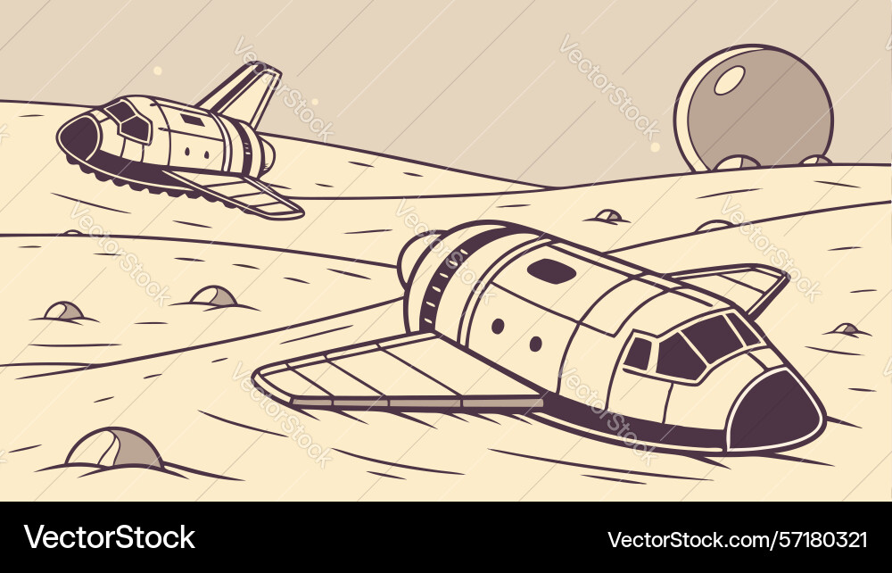 Broken spaceship on desert planet sci-fi scene vector image