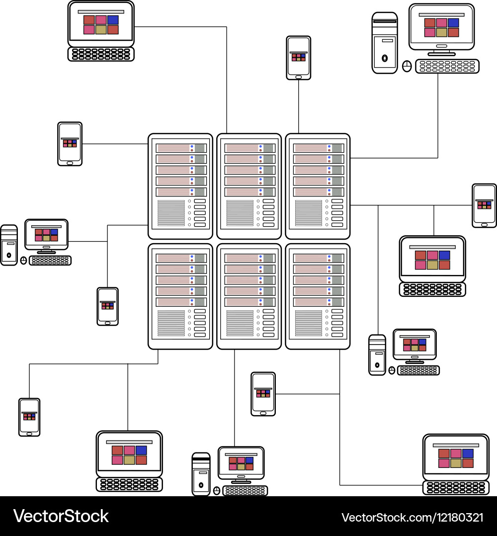 Data isometric set with center and network vector image