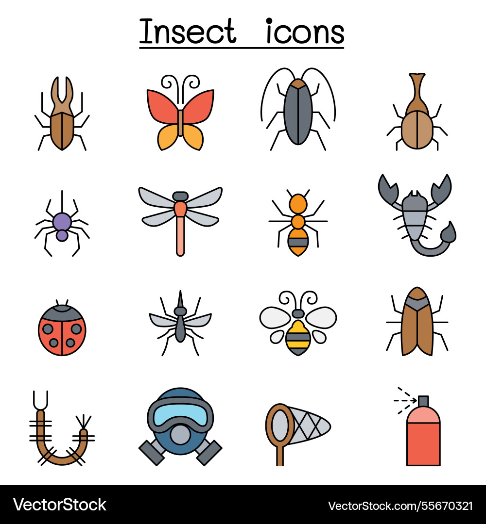 Insect and bug icon set in color line style Insect and bug icon set in color line style vector image