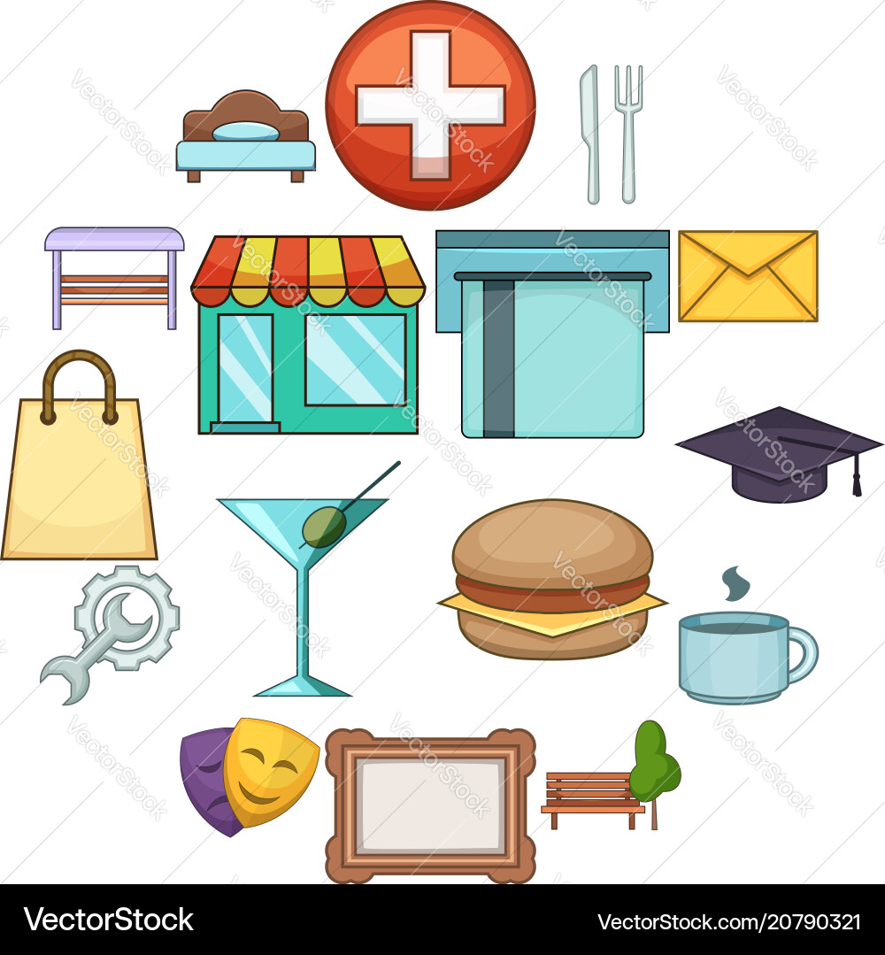 Map landmarks objects icons set cartoon style Map landmarks objects icons set cartoon style vector image