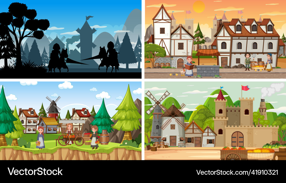 Set of different scene medieval with silhouette Set of different scene medieval with silhouette vector image