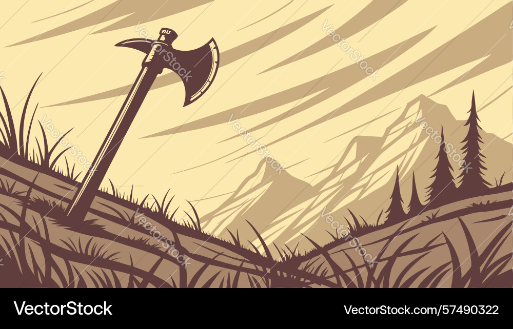 Axe on a grassy hill with abstract patterns Vector Image