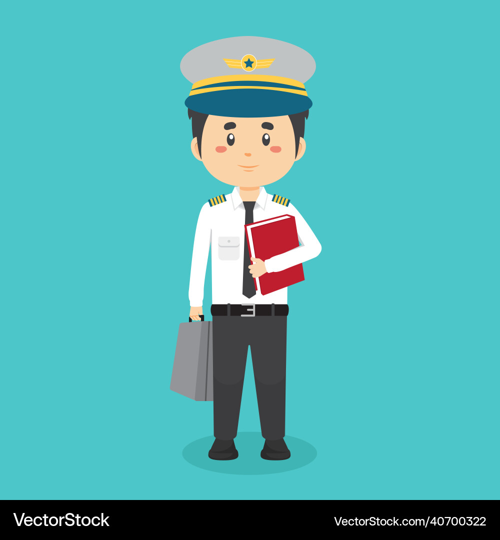 Pilot character standing with file and briefcase Pilot character standing with file and briefcase vector image