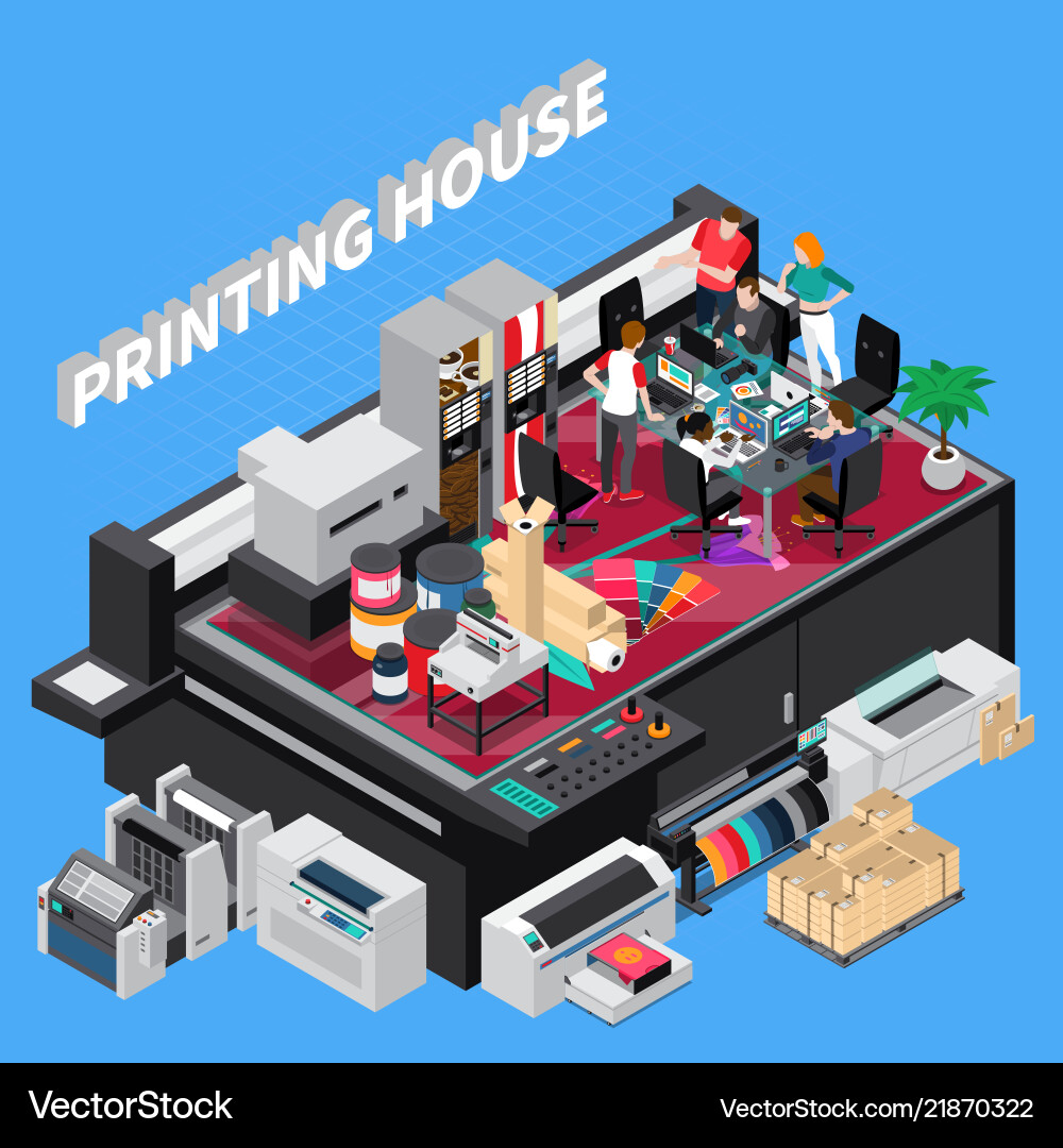 Printing house isometric composition Royalty Free Vector