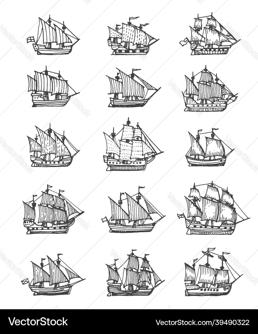 Sail ship sailboat and brigantine vintage sketch Sail ship sailboat and brigantine vintage sketch vector image
