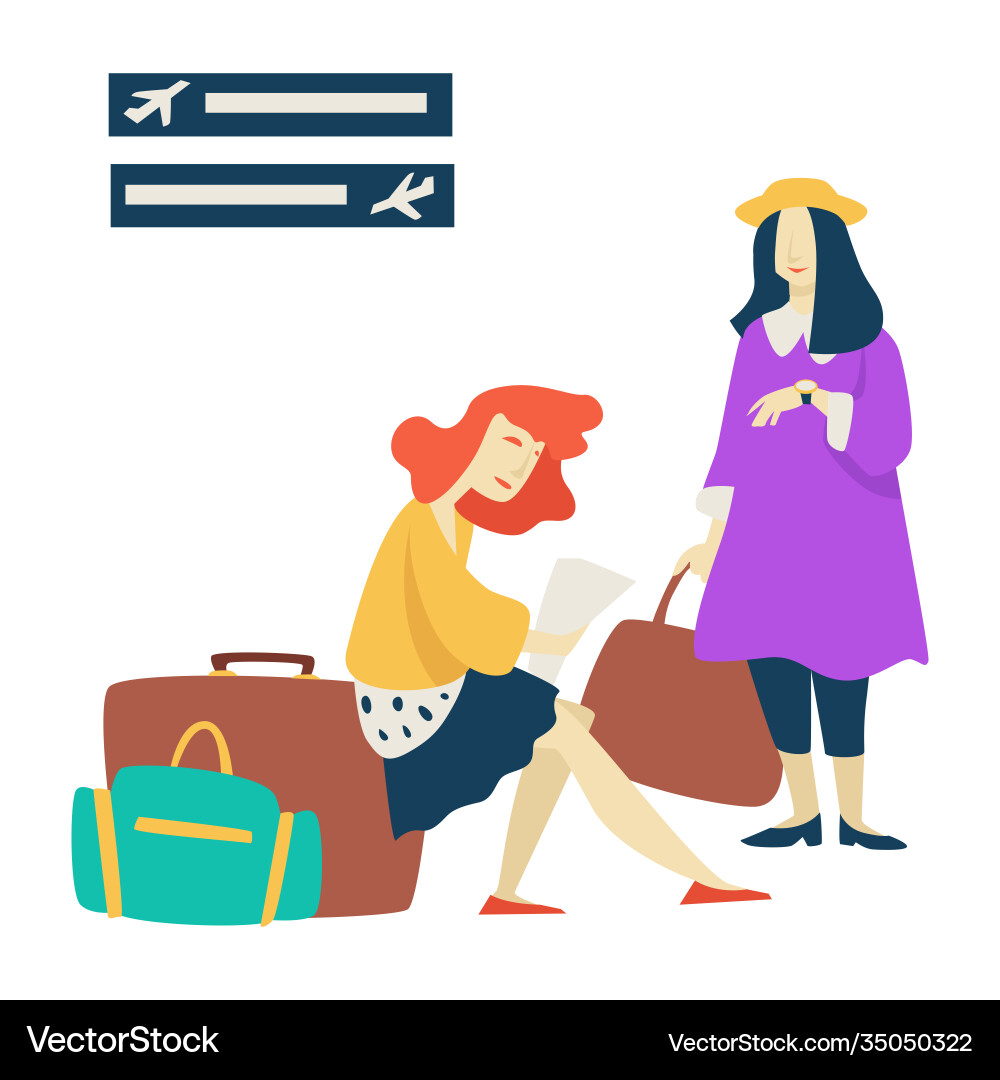 Wartezimmer Flughafen Frauen mit Gepäck Flug Wartezimmer Flughafen Frauen mit Gepäck Flug vektorbild