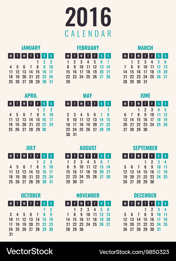 2016 Calendar - Simple Weekly View vector image