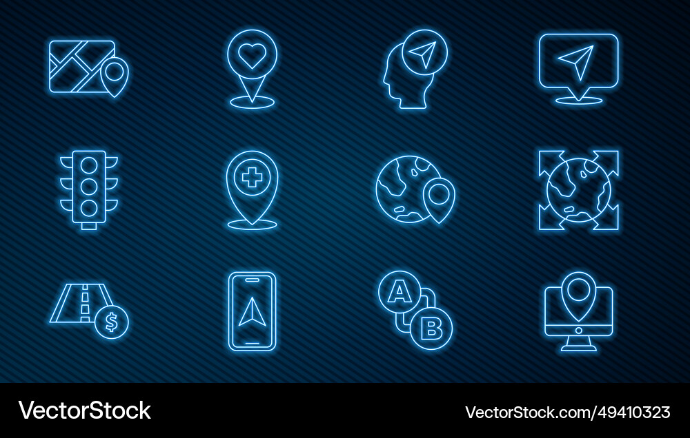 Set line monitor with location marker world globe Set line monitor with location marker world globe vector image