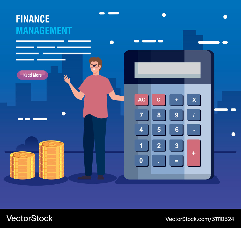 Man with calculator and pile coins vector image