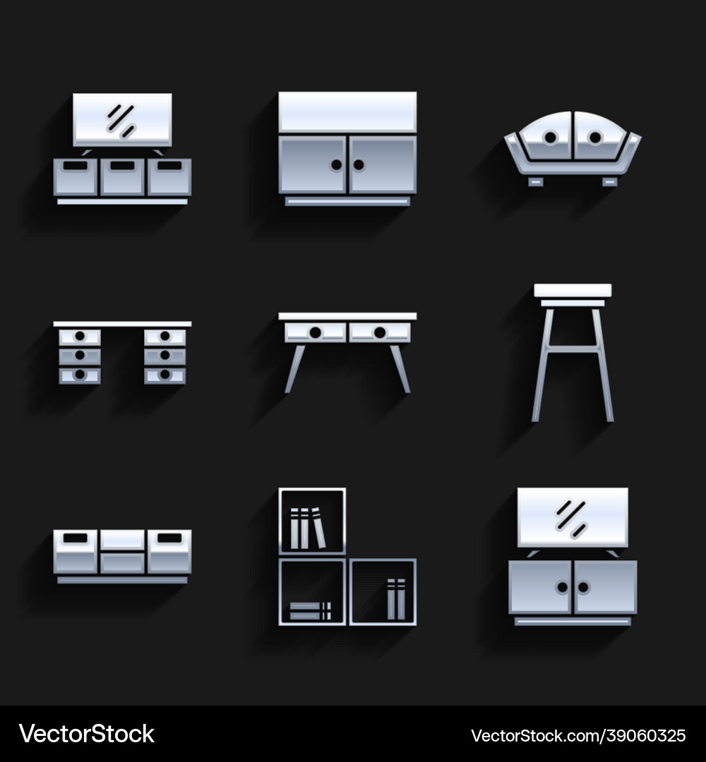 Set office desk shelf with books tv table stand Vector Image