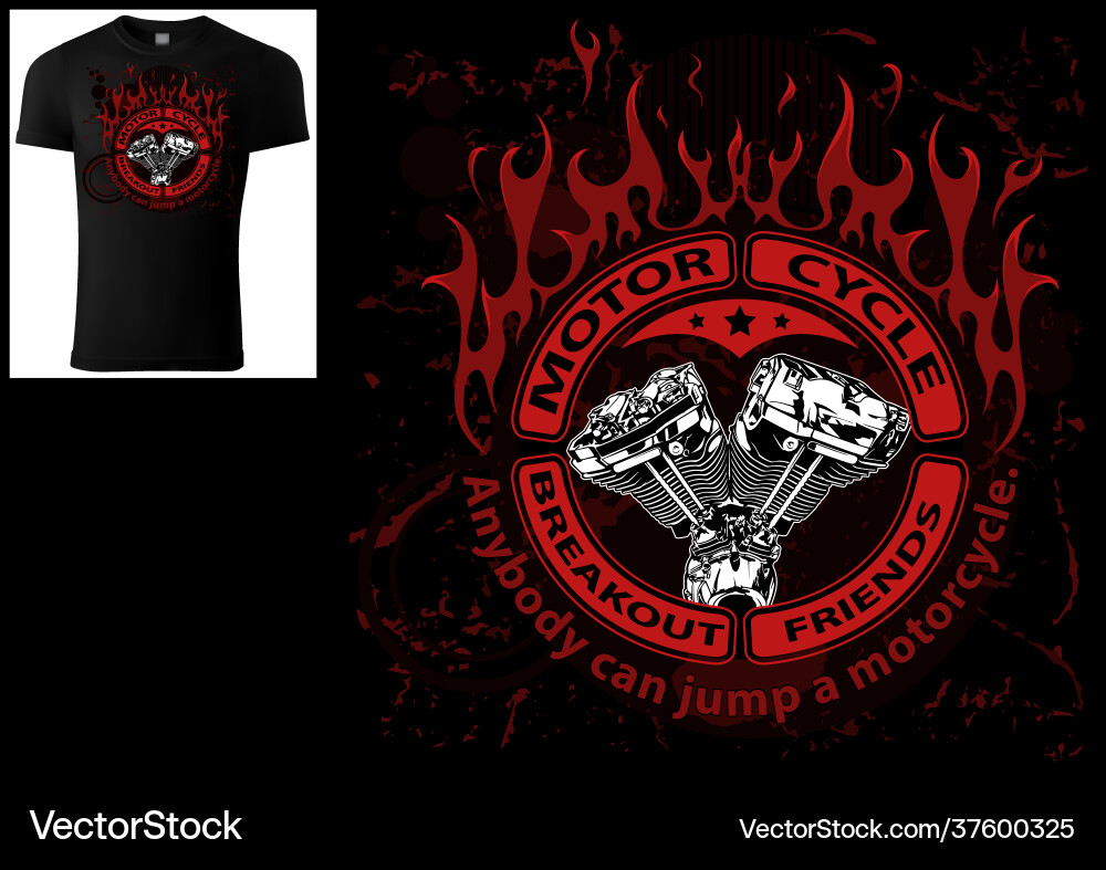 T-shirt design with engine and decorative flames T-shirt design with engine and decorative flames vector image