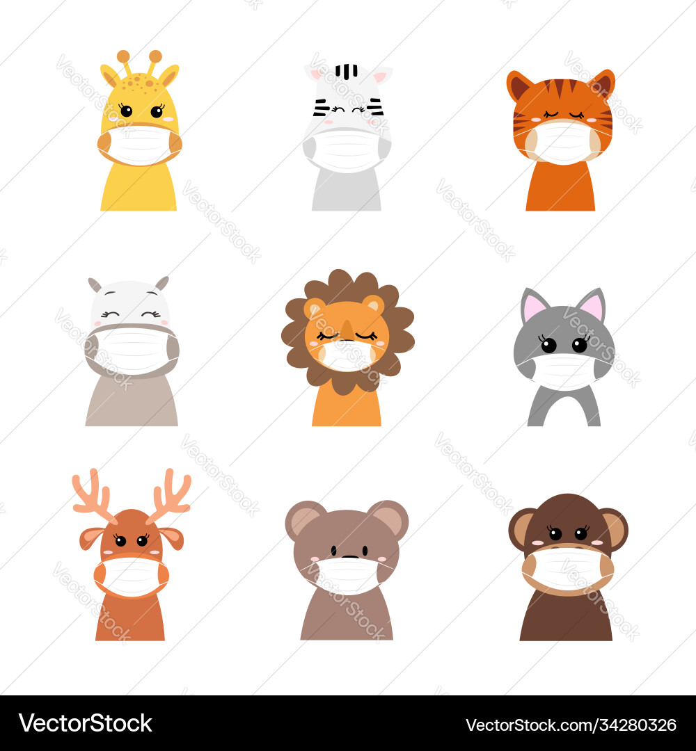 Cute animals wearing face masks protecting from Cute animals wearing face masks protecting from vector image