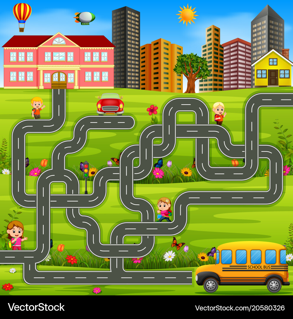 Maze game template with school bus vector image