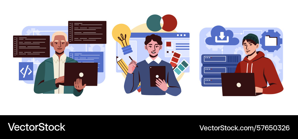 People in it set men with laptops write code People in it set men with laptops write code Vector Image