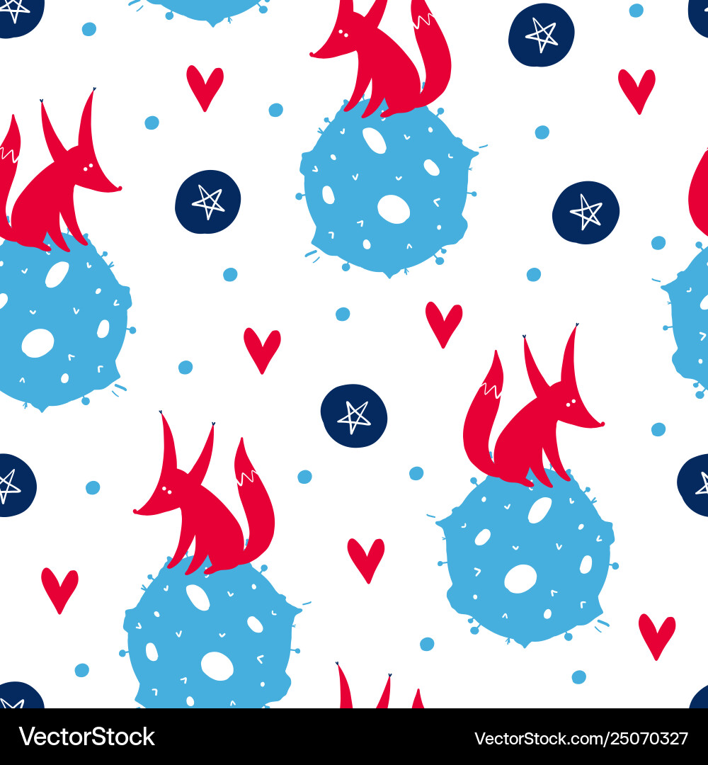 Cute Fox & Planet Pattern Vector Image