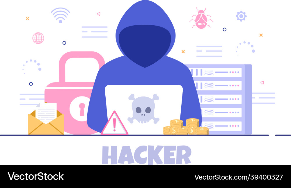 Hacker mit Computer-Server zu Aktivität gehackt Vektorbild