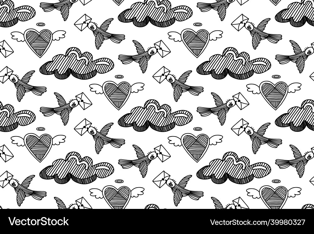 Monochrome seamless pattern with clouds and birds Vector Image