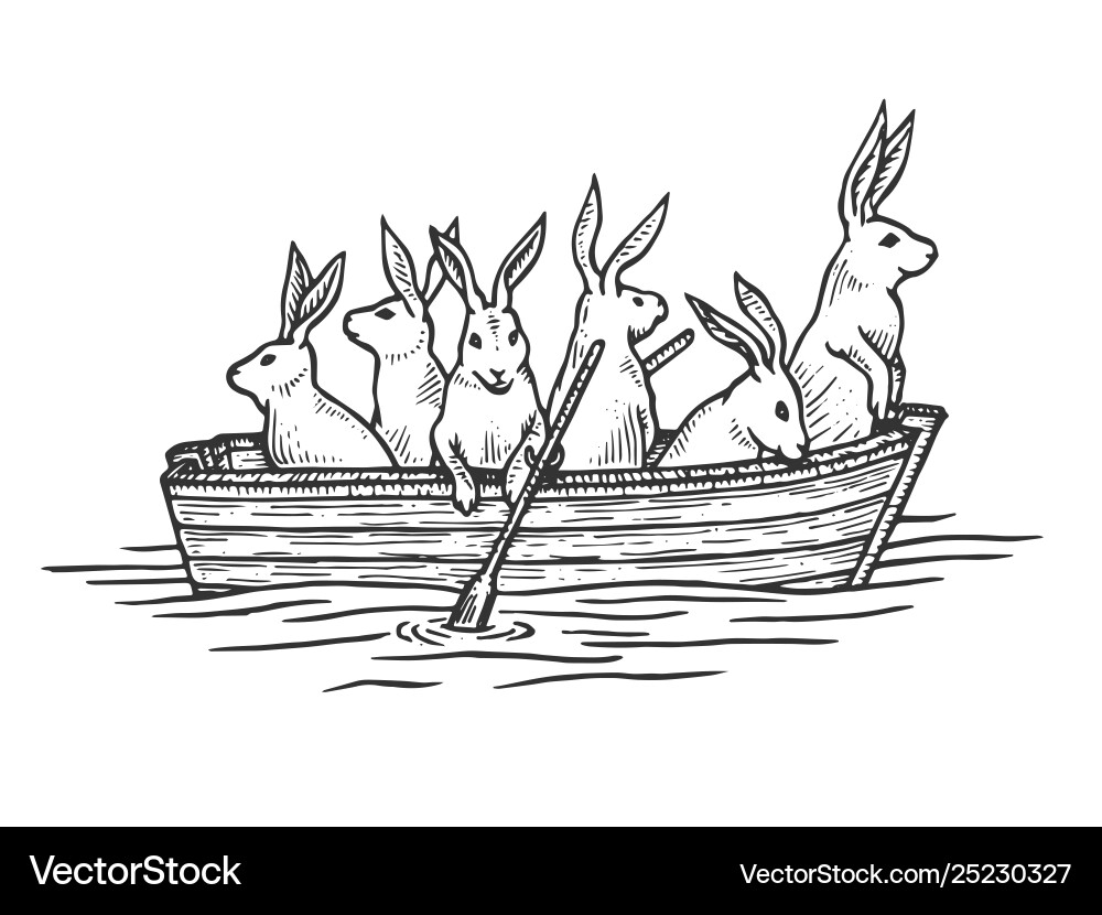 Rabbit in Boat Sketch - Scratch Board Style Vector Image