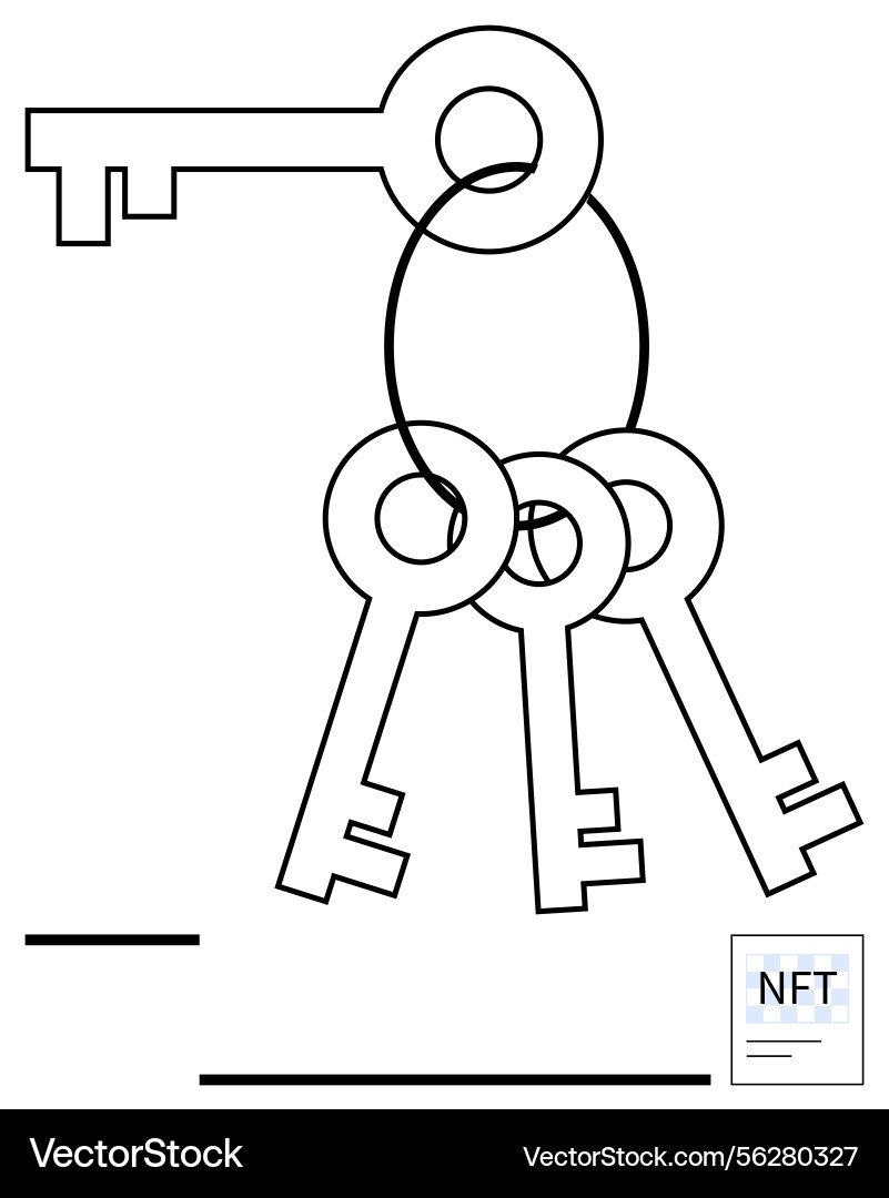 Three vintage keys linked by a ring representing Three vintage keys linked by a ring representing vector image