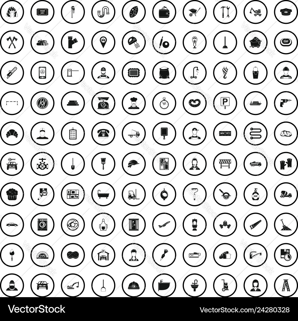 100 working professions icons set simple style 100 working professions icons set simple style vector image