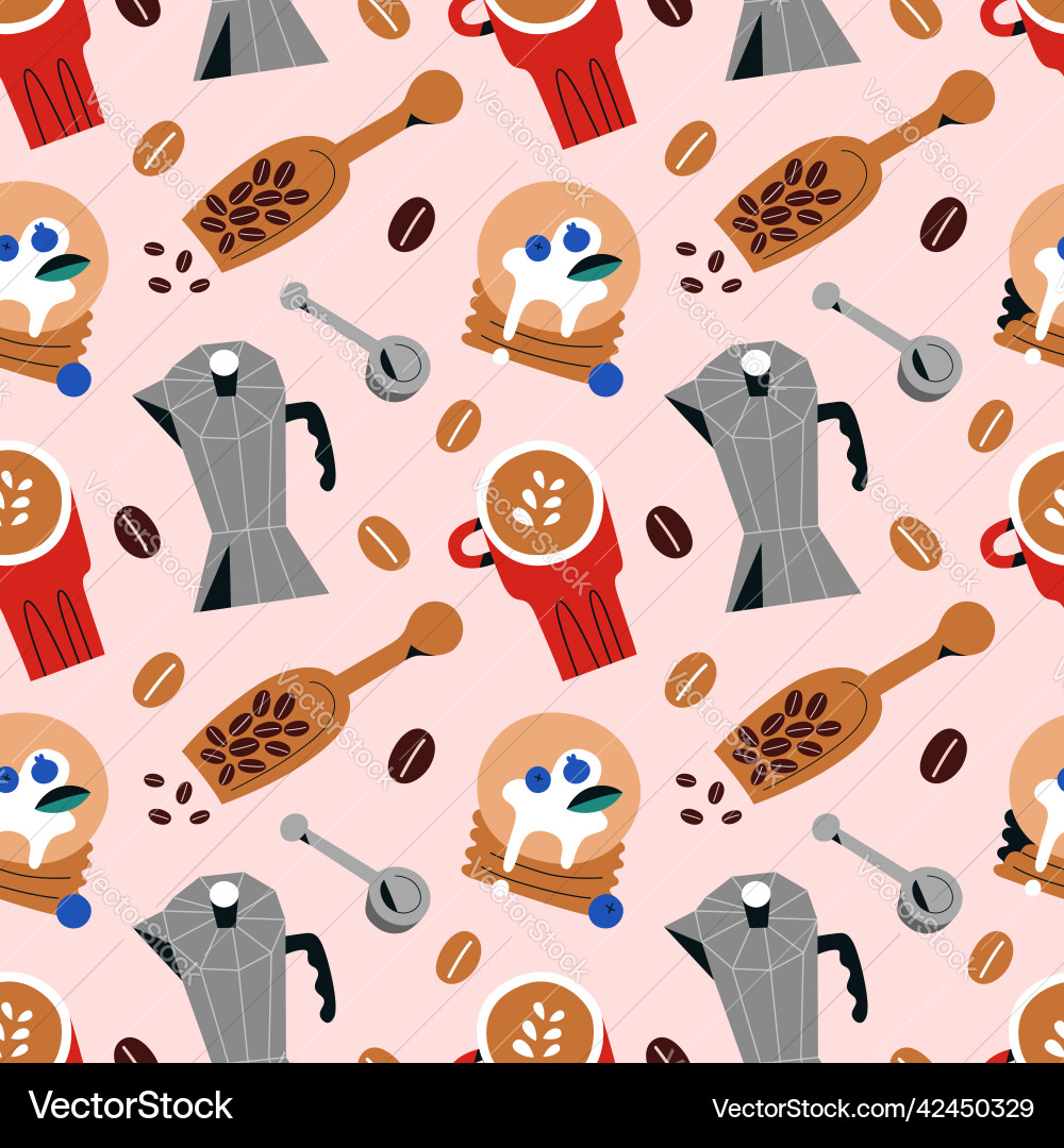 Coffee drinks repeat pattern cappuccino moka pot Coffee drinks repeat pattern cappuccino moka pot vector image