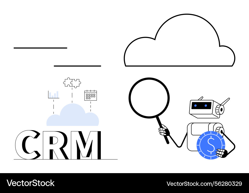 Crm analysis with robot assistant exploring cloud Crm analysis with robot assistant exploring cloud vector image