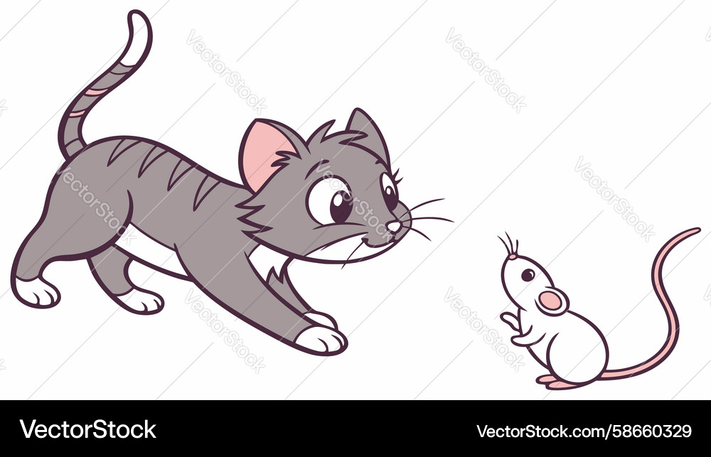 Curious kitten and mouse in a playful encounter Vector Image