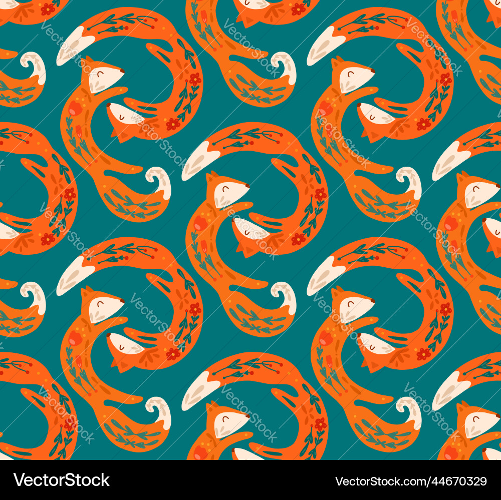 Seamless pattern of dancing orange folk art foxes Seamless pattern of dancing orange folk art foxes vector image