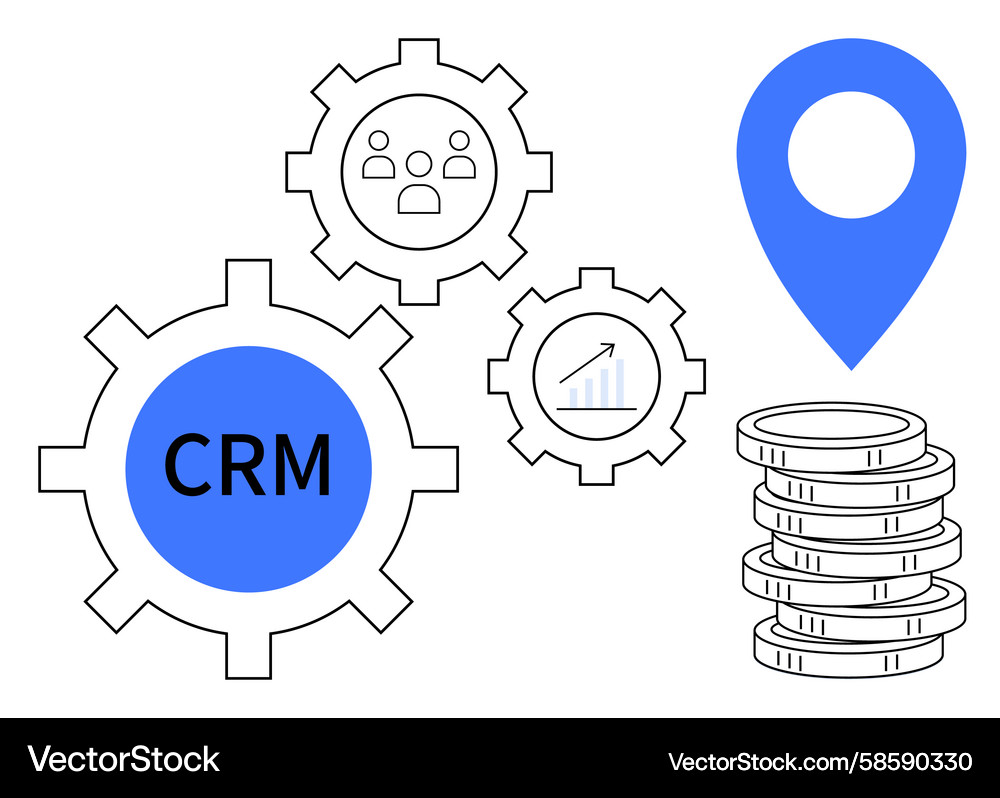 Crm process with gears analytics location pin Crm process with gears analytics location pin Vector Image