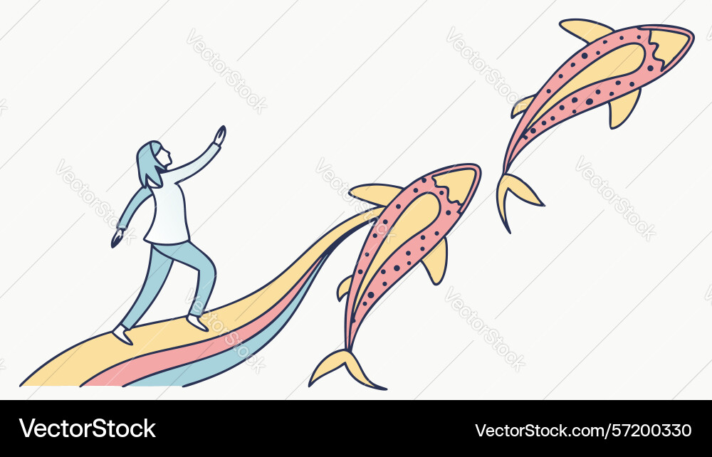 Figures on abstract journey with fish design vector image