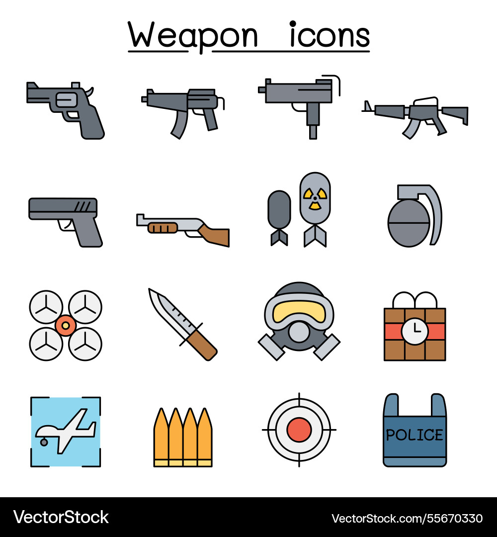 Gun and weapon icon set in color line style Gun and weapon icon set in color line style vector image