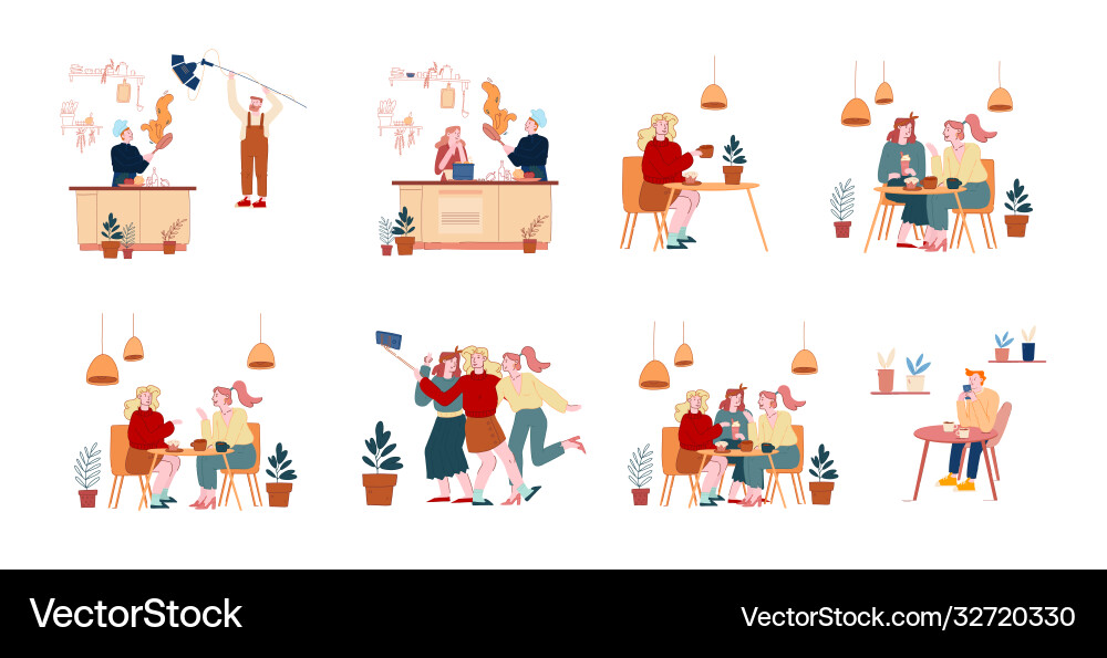Set male or female characters meeting in cafe Set male or female characters meeting in cafe vector image