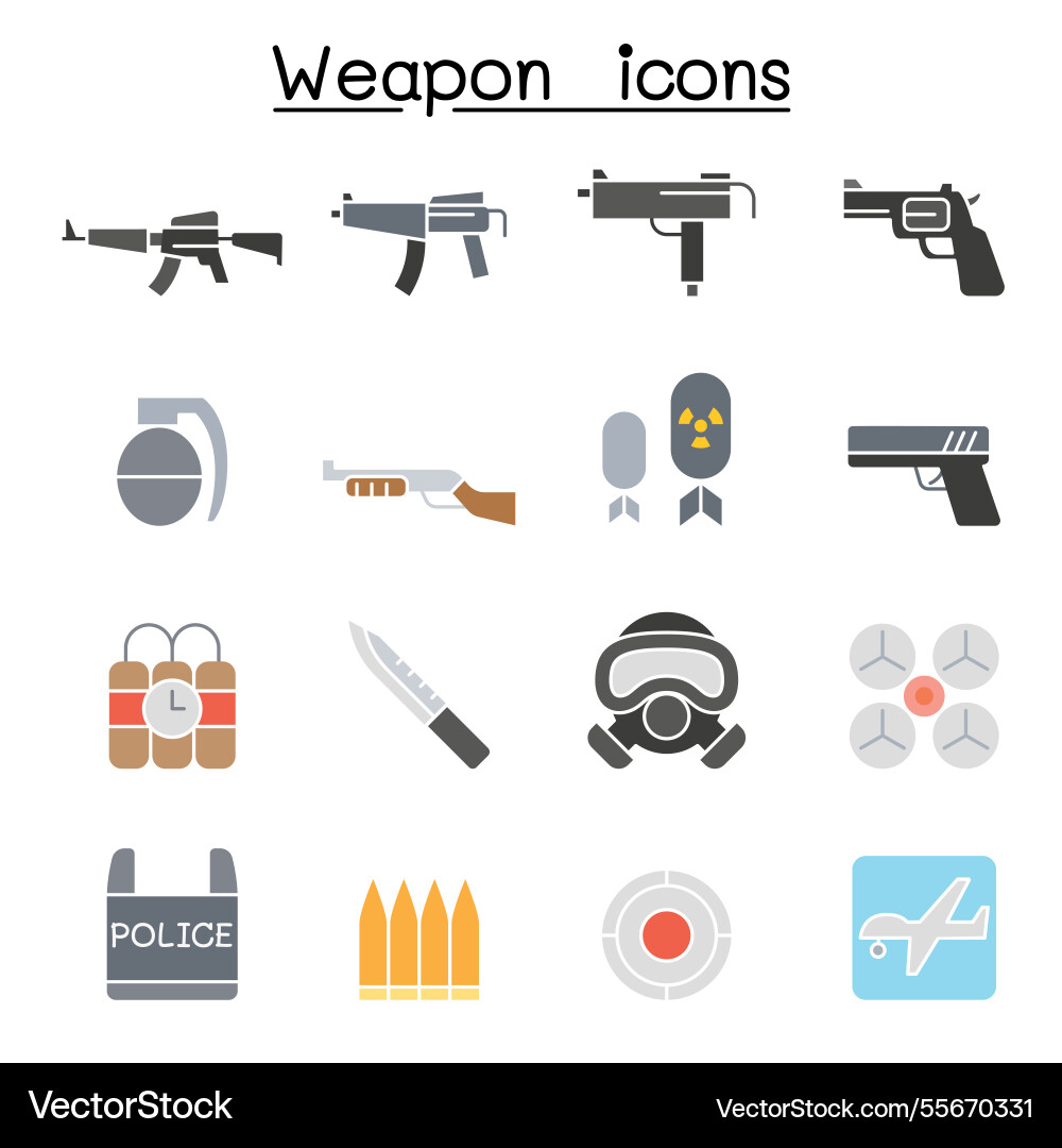 Gun and weapon icon set in flat color style Gun and weapon icon set in flat color style Vector Image