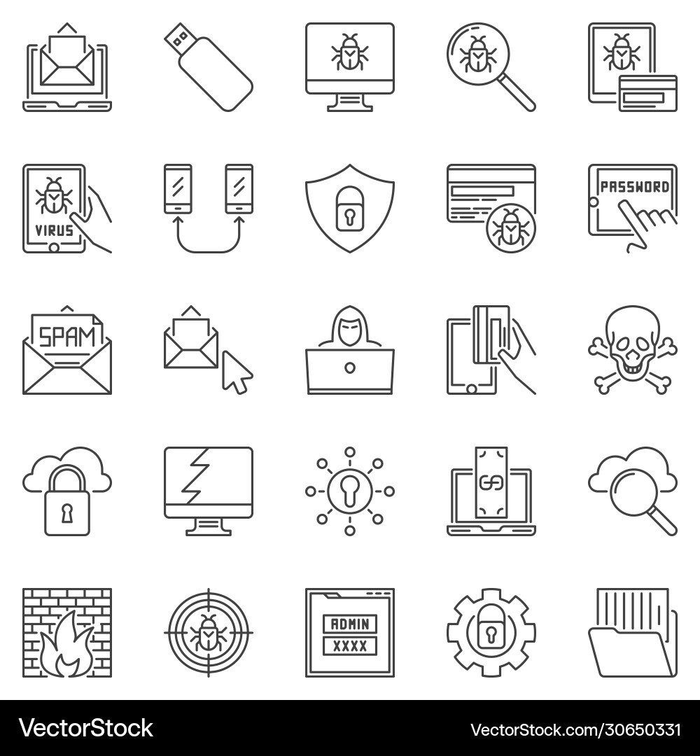 Hacker and computer virus outline icons set Hacker and computer virus outline icons set vector image
