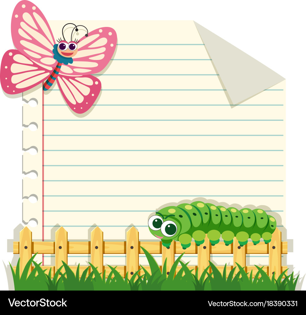 Line paper template with butterfly and caterpillar Vector Image