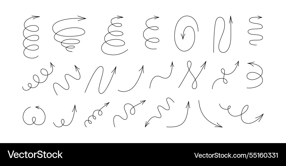 Spiral hand drawn arrows set curly line doodle Spiral hand drawn arrows set curly line doodle vector image