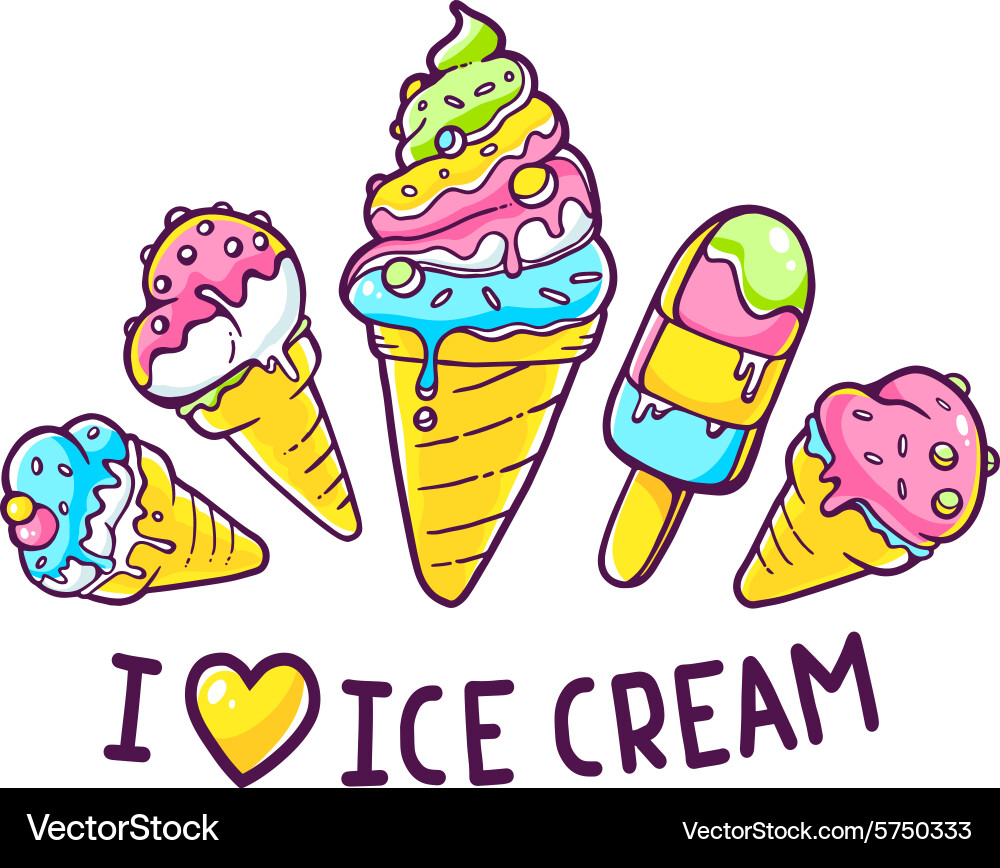 Bright different ice creams with inscript Vector Image