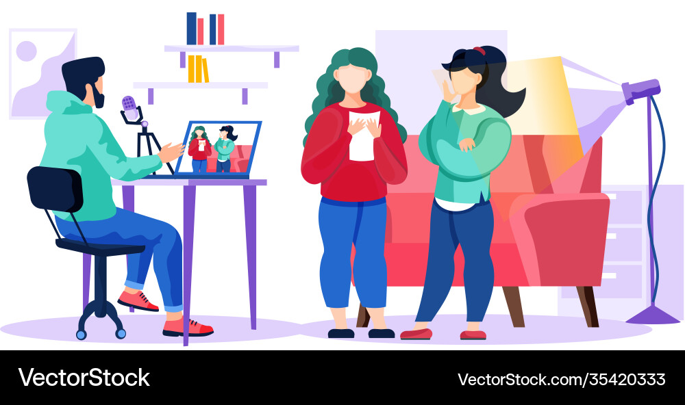 Working in a video studio producer recording Working in a video studio producer recording vector image