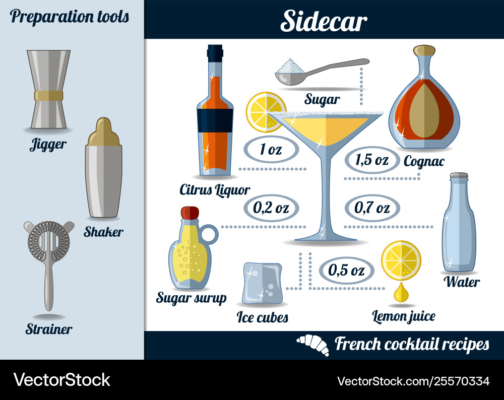 Sidecar cocktail infographic set recipe Royalty Free Vector
