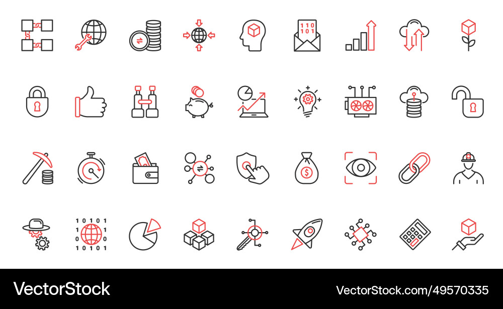Bitcoin blockchain red black thin line icons set vector image