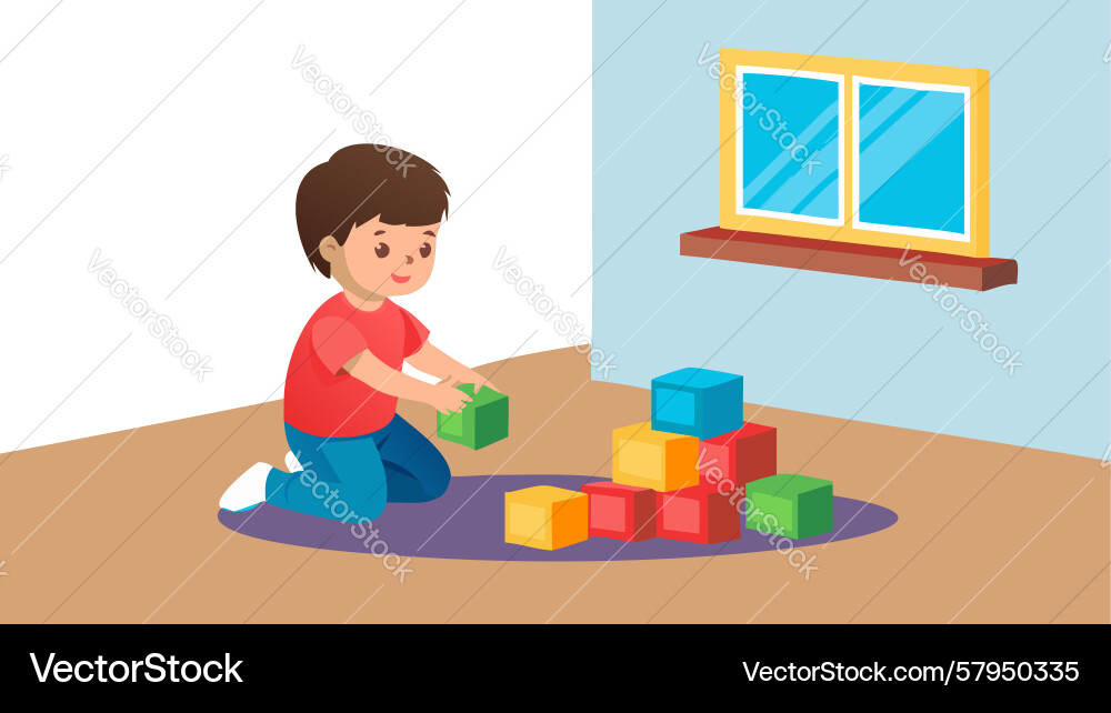 Child Playing with Blocks by Window Vector Image