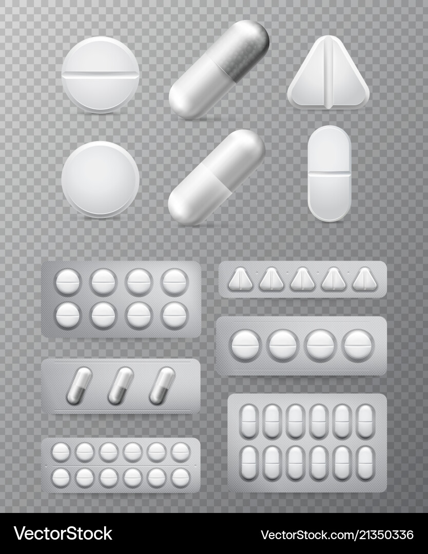 Pills 3d set white tablet drug and pill Pills 3d set white tablet drug and pill vector image