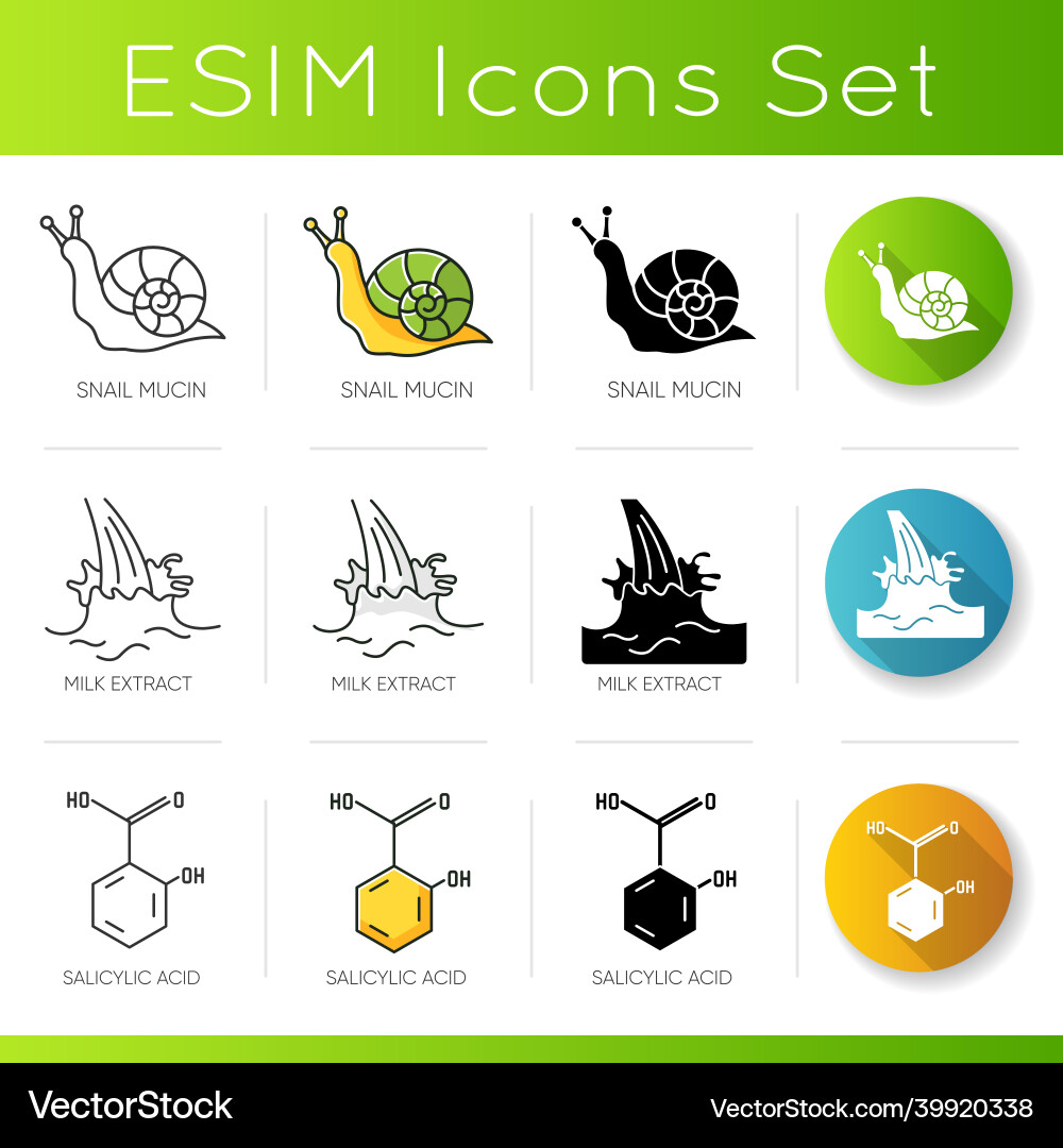Cosmetic ingredient icons set snail mucin milk Cosmetic ingredient icons set snail mucin milk vector image