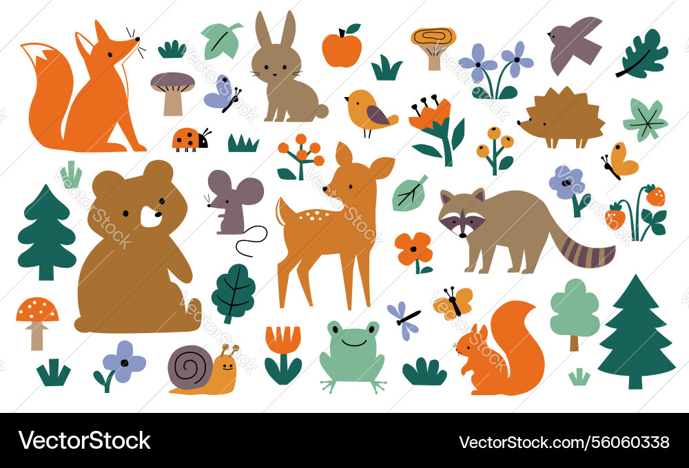 Cute woodland naive style animals Cute woodland naive style animals Vector Image