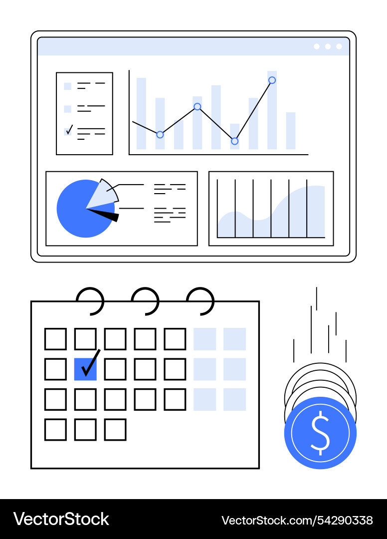 Data dashboard with graphs calendar and coins Data dashboard with graphs calendar and coins vector image