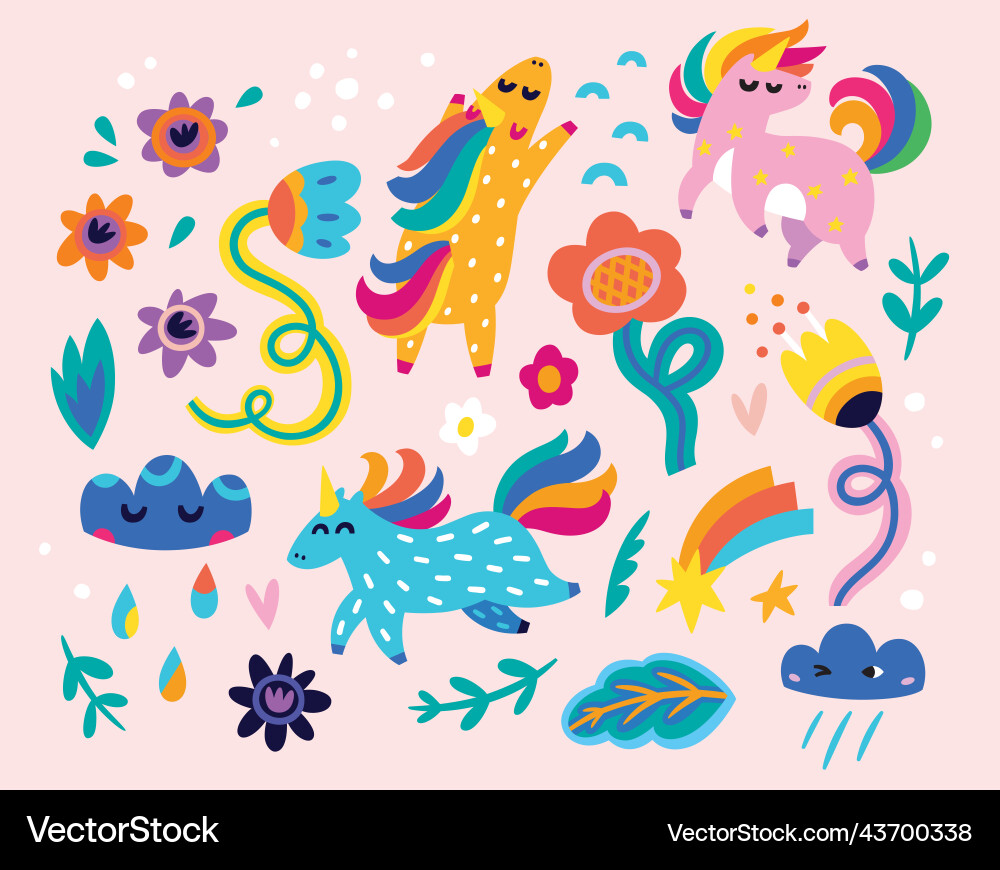 Festive set of unicorns flowers and clouds vector image