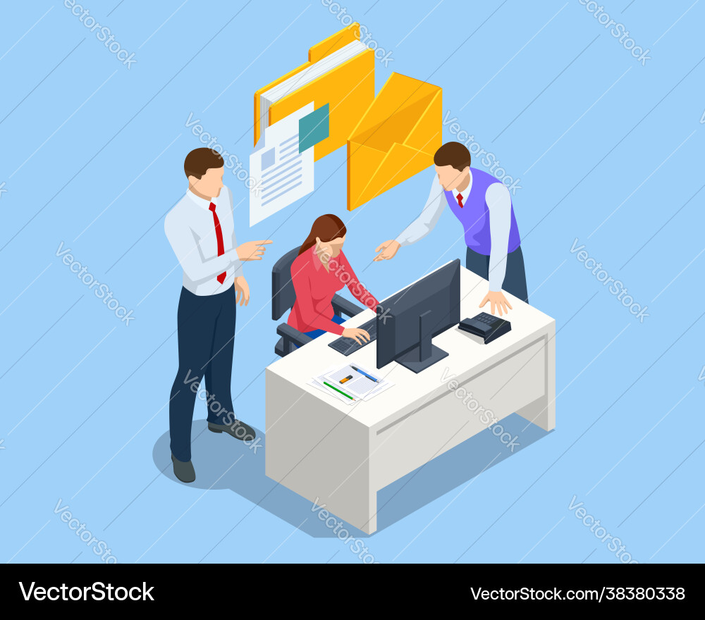 Isometric file in database concept businessman Isometric file in database concept businessman Vector Image