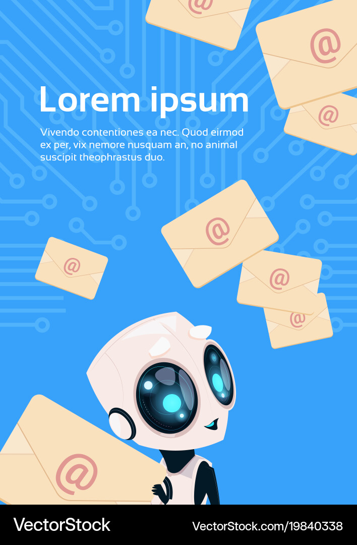 Modern robot with email messages chat bot over vector image