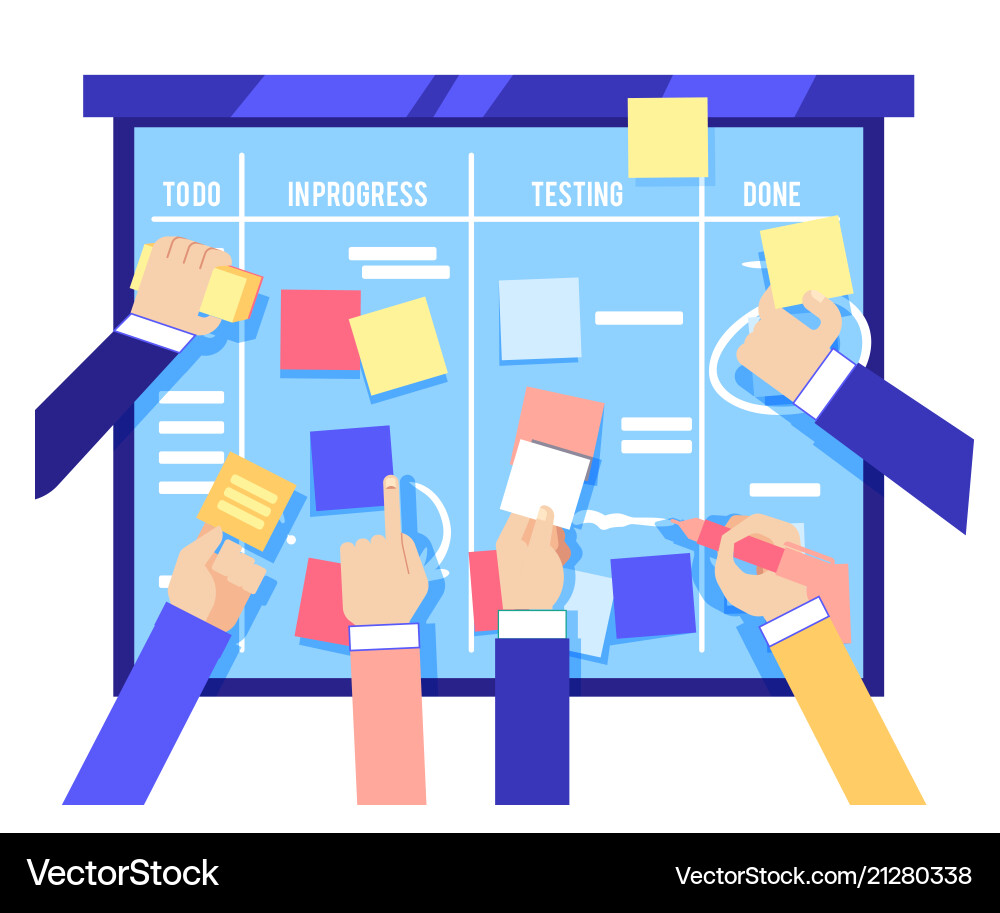 Scrum Board Konzept mit menschlichen Händen kleben Scrum Board Konzept mit menschlichen Händen kleben vektorbild